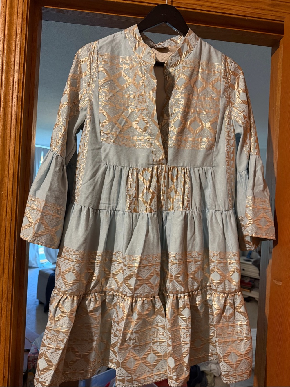 LACE THE LABEL | Light Blue Tiered Tunic Dress with Gold Geometric Print